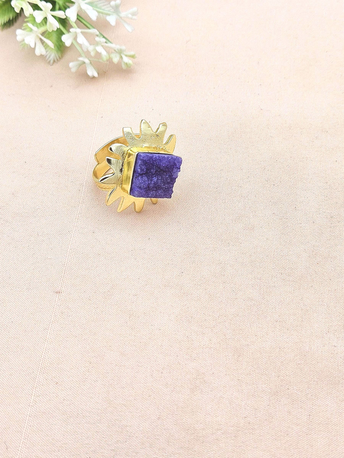 Gold plated Indigo Blue Druzy stone Awesome Floral Designer Finger Ring for women