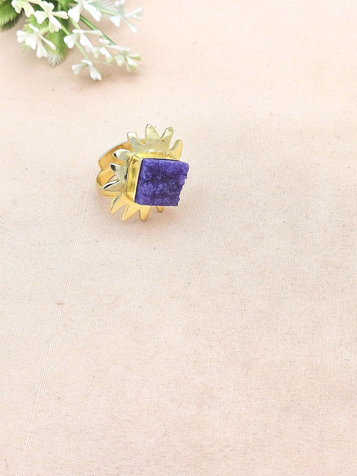 Gold plated Indigo Blue Druzy stone Awesome Floral Designer Finger Ring for women