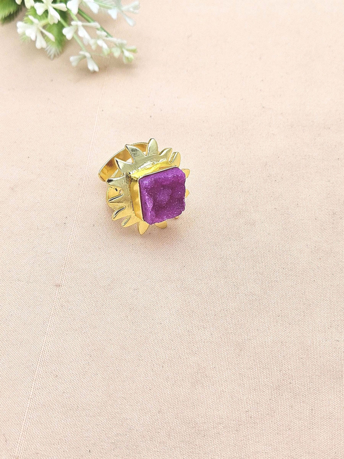 Gold plated Magenta Color Druzy stone Awesome Floral Designer Finger Ring for women