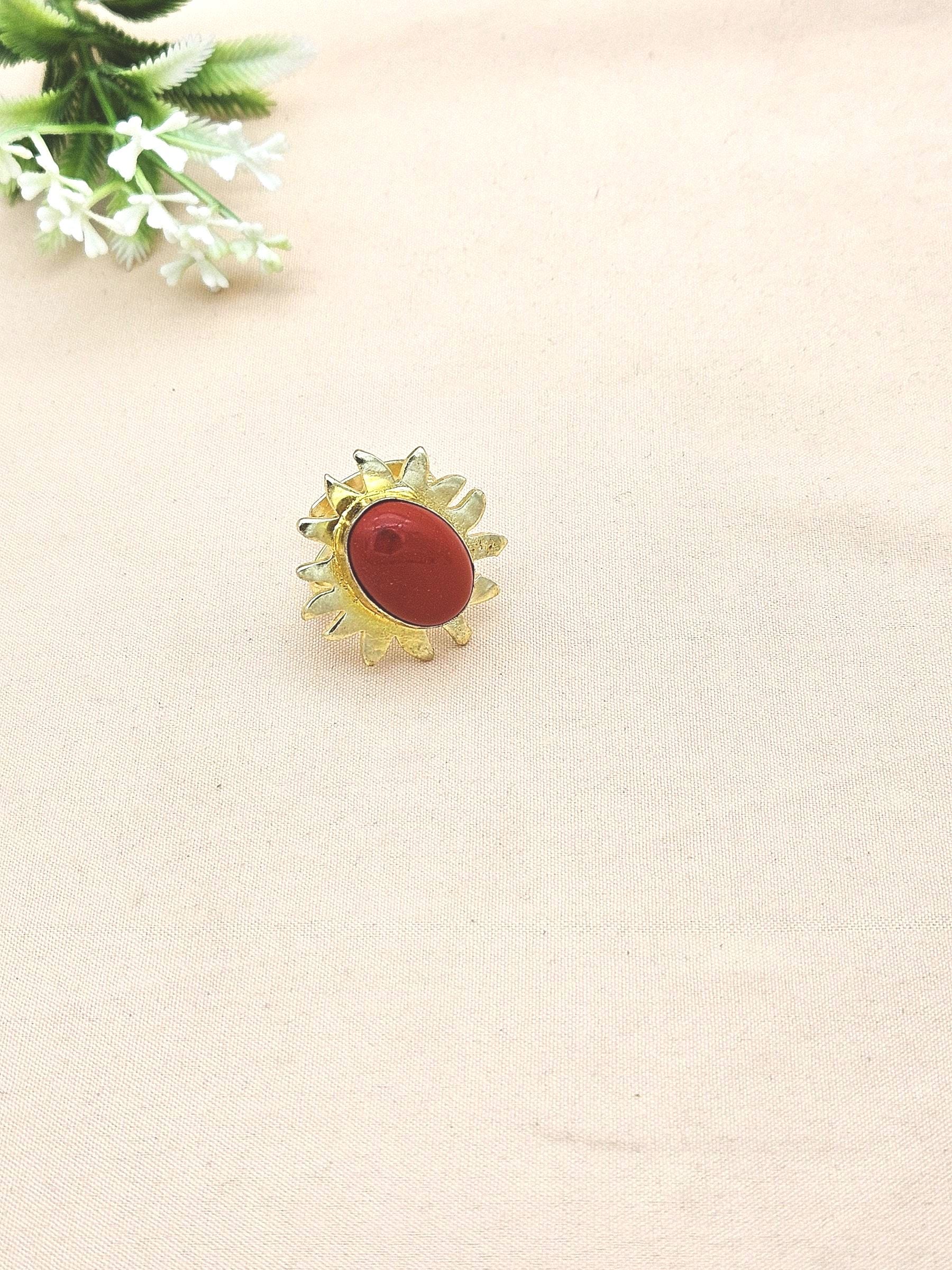 Handcrafted Oval Coral Ring – Gold Plated Floral Designer Fashion Jewelry for Women