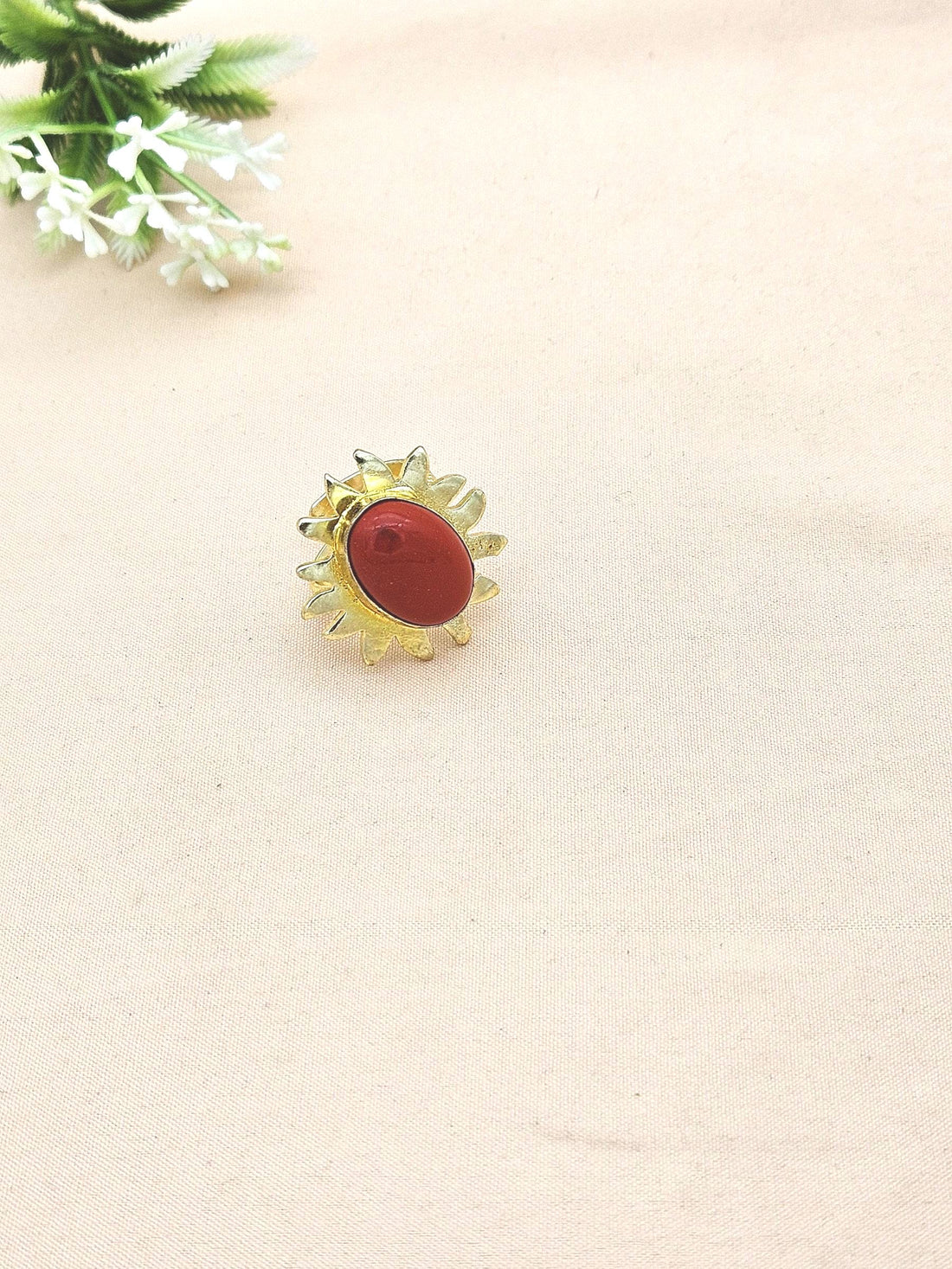 Handcrafted Oval Coral Ring – Gold Plated Floral Designer Fashion Jewelry for Women