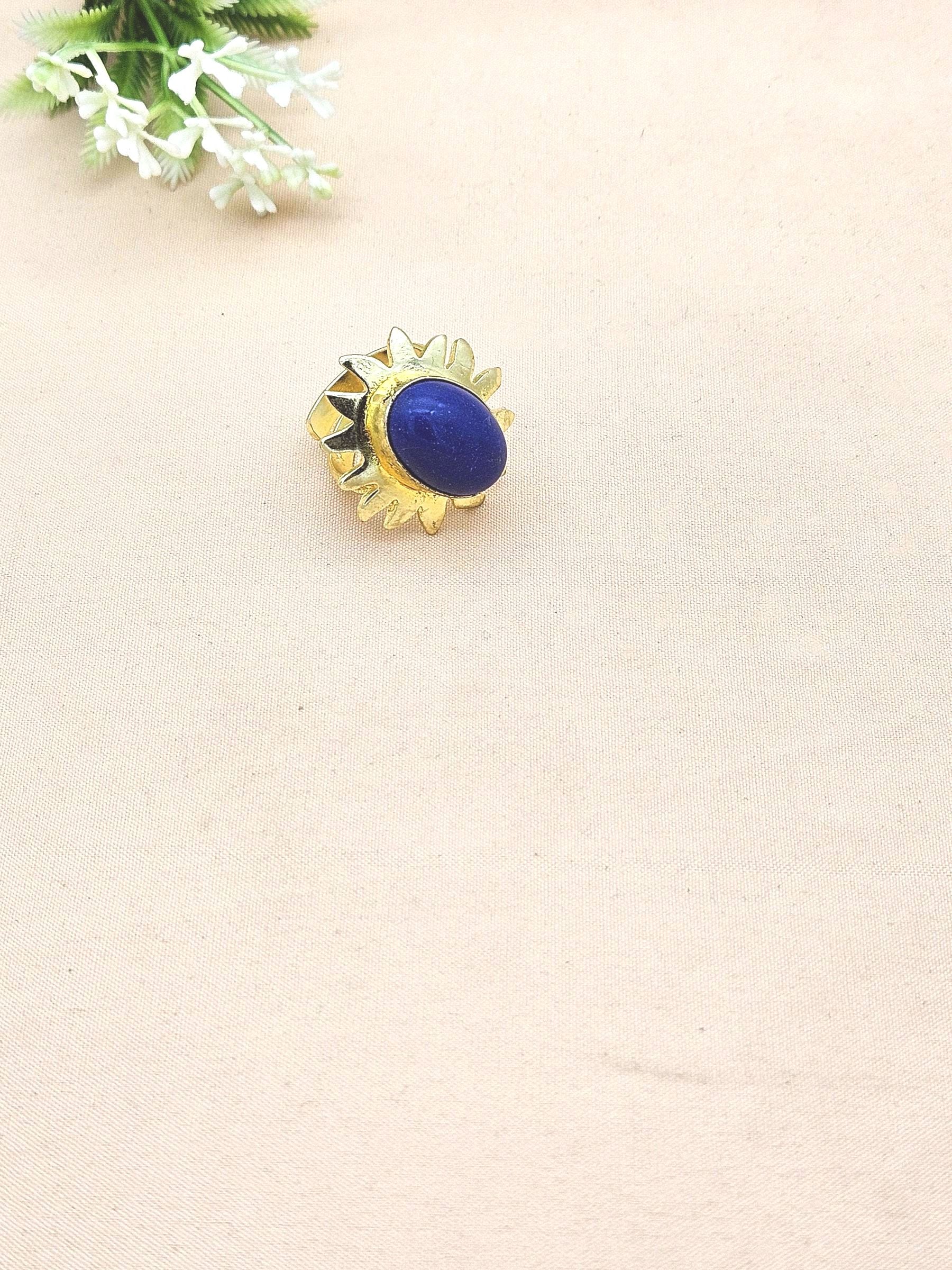 Handcrafted Oval Blue Onyx Ring – Gold Plated Floral Designer Fashion Jewelry for Women