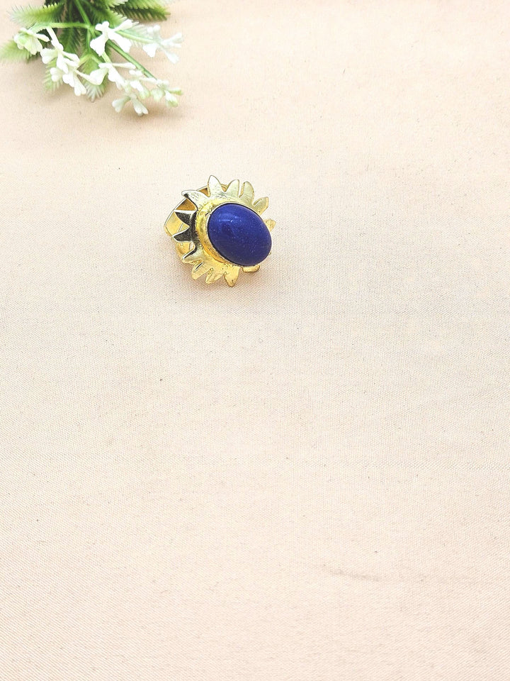Handcrafted Oval Blue Onyx Ring – Gold Plated Floral Designer Fashion Jewelry for Women