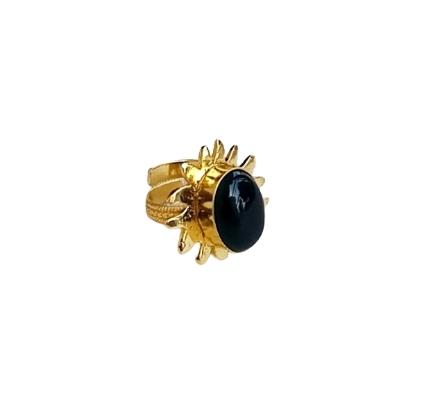 Handcrafted Oval Black Onyx Ring – Gold Plated Floral Designer Fashion Jewelry for Women
