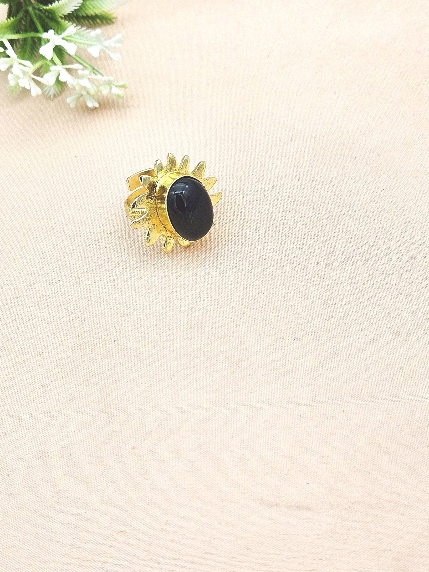Handcrafted Oval Black Onyx Ring – Gold Plated Floral Designer Fashion Jewelry for Women