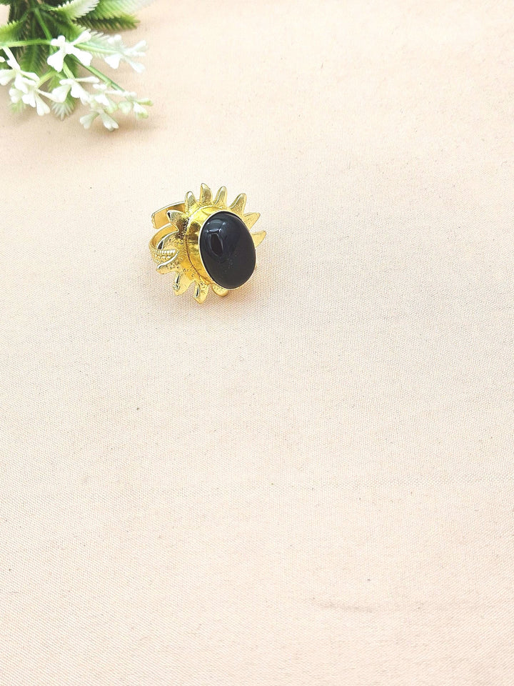 Handcrafted Oval Black Onyx Ring – Gold Plated Floral Designer Fashion Jewelry for Women