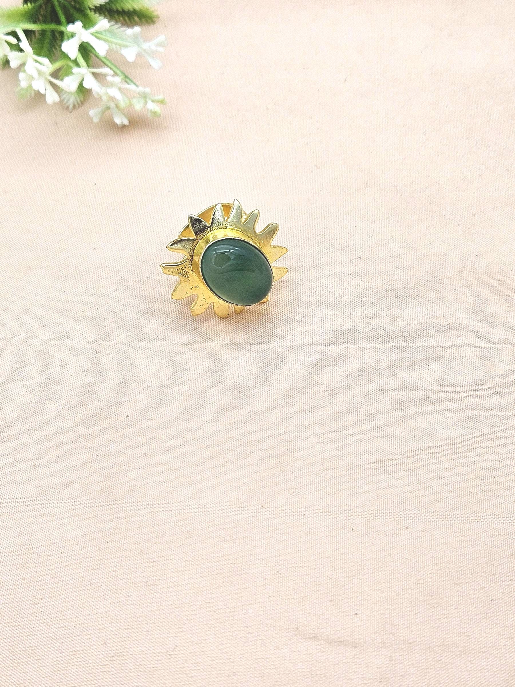 Handcrafted Oval Green Onyx Ring – Gold Plated Floral Designer Fashion Jewelry for Women