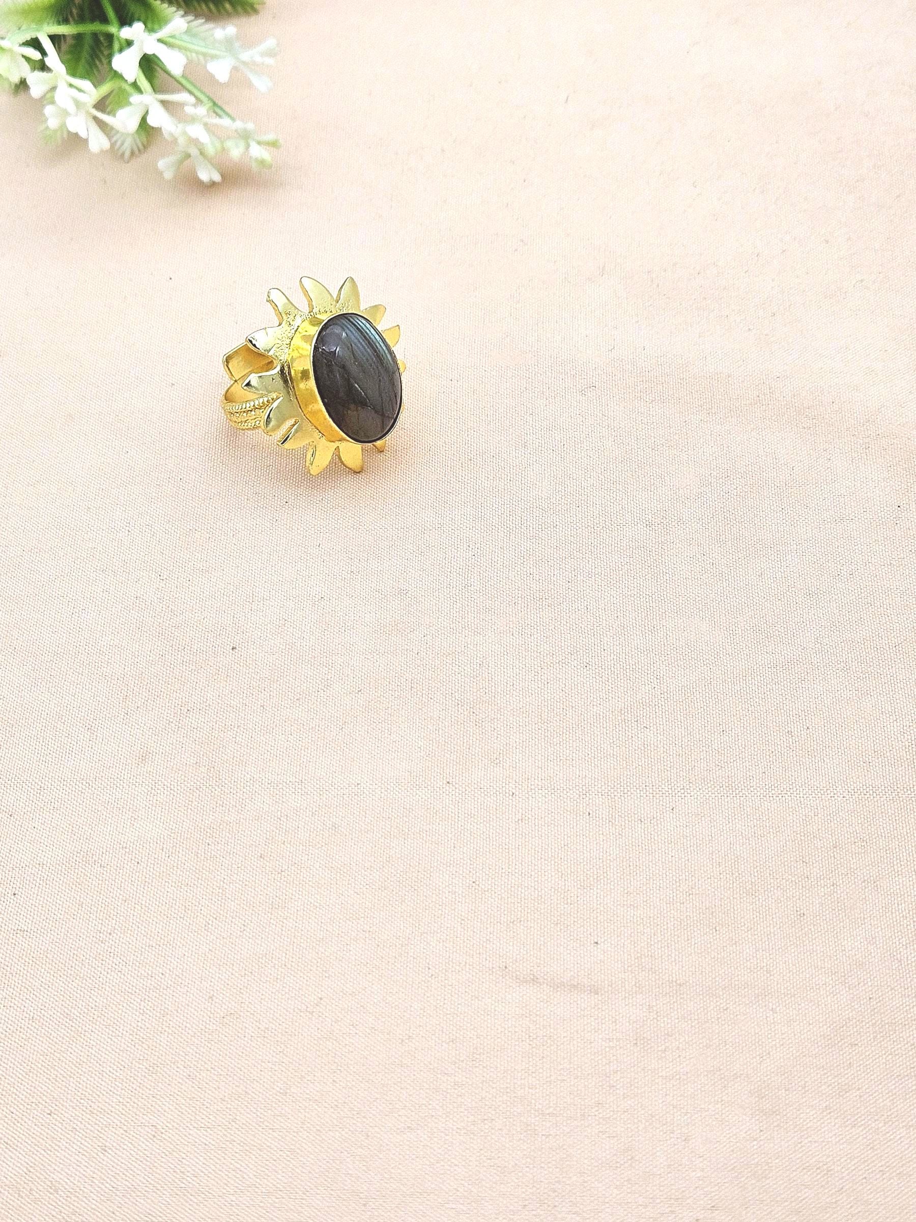 Handcrafted Oval Labradorite Ring – Gold Plated Floral Designer Fashion Jewelry for Women