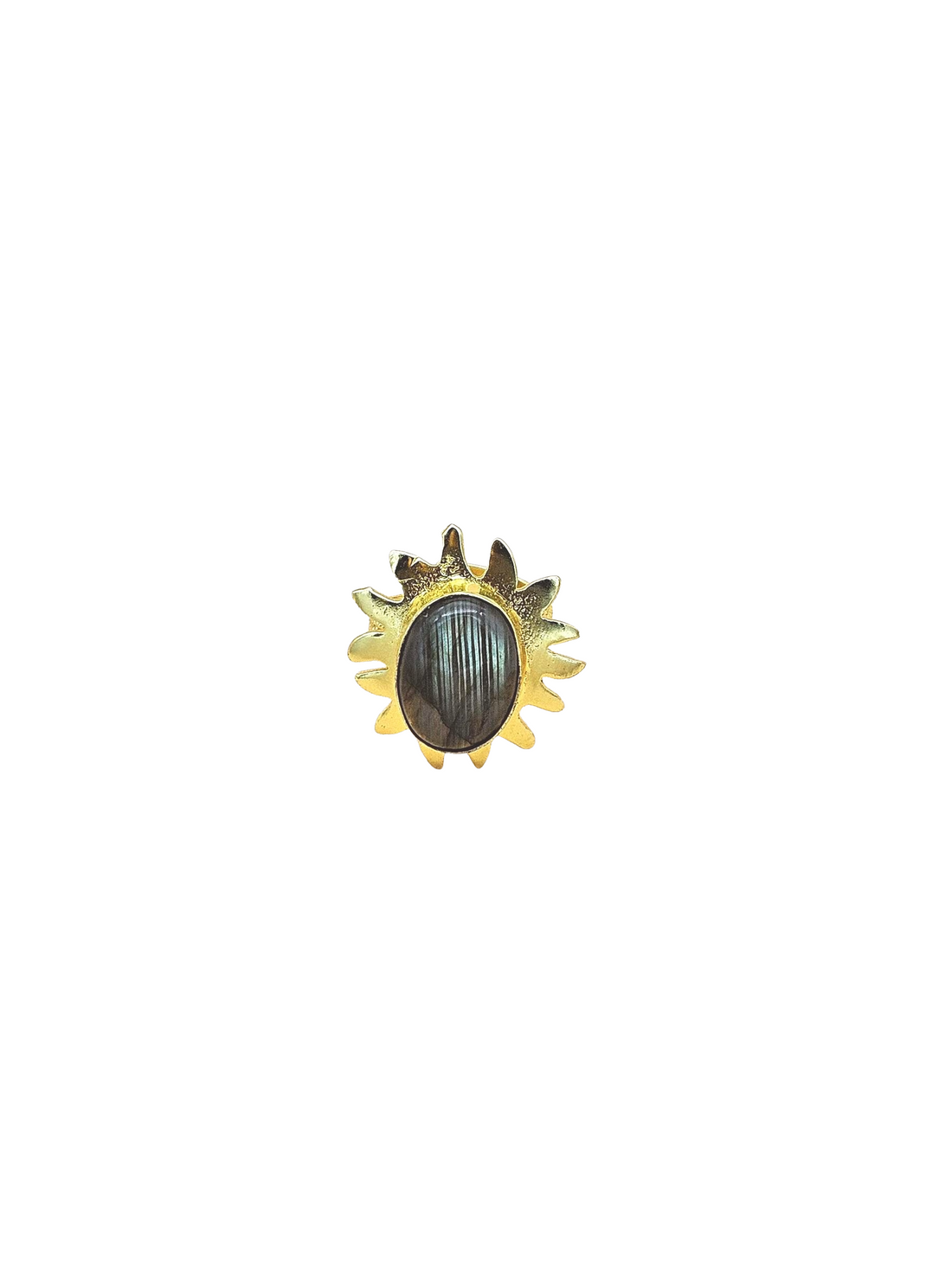 Handcrafted Oval Labradorite Ring – Gold Plated Floral Designer Fashion Jewelry for Women