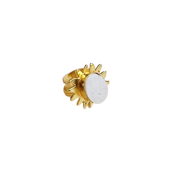 Handcrafted Oval White Druzy Ring – Gold Plated Floral Designer Fashion Jewelry for Women
