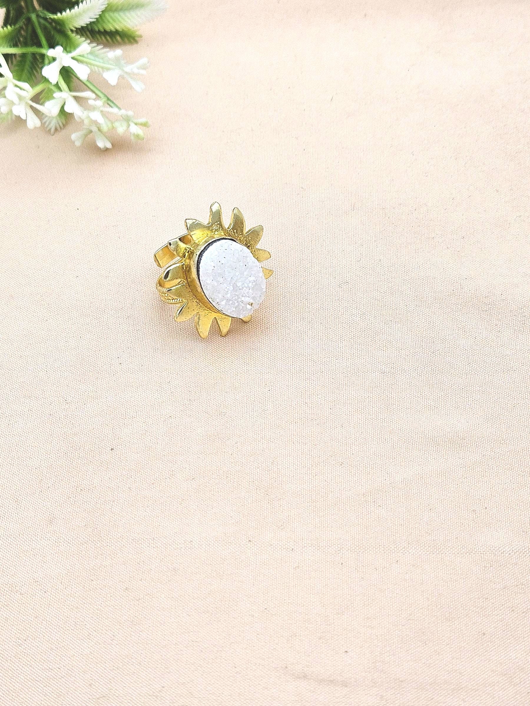 Handcrafted Oval White Druzy Ring – Gold Plated Floral Designer Fashion Jewelry for Women