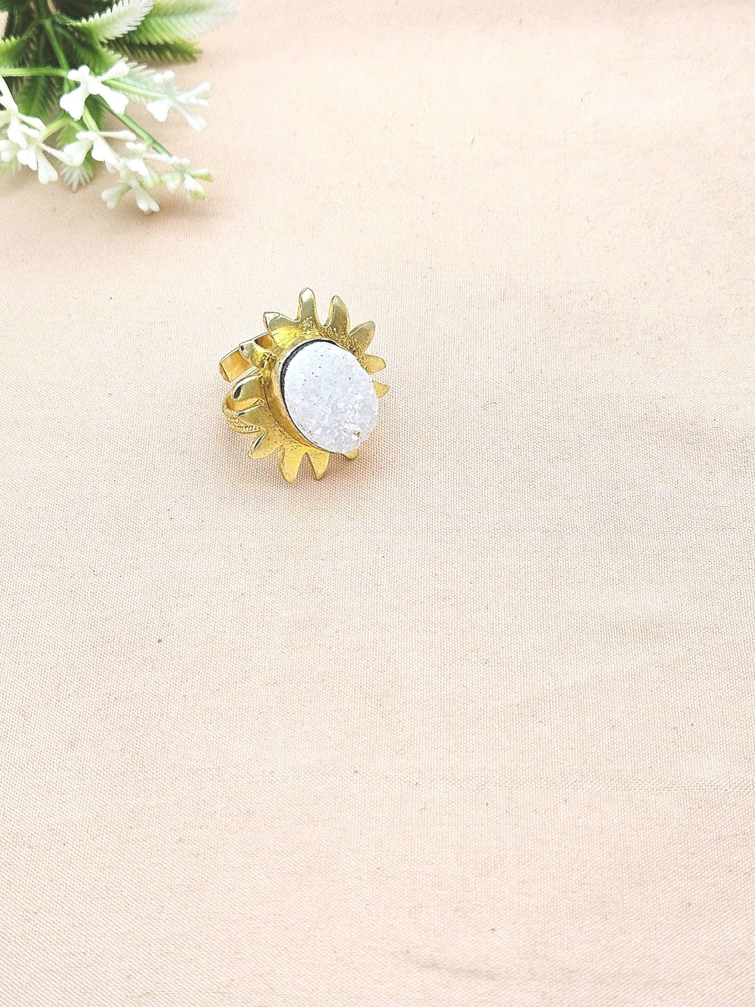 Handcrafted Oval White Druzy Ring – Gold Plated Floral Designer Fashion Jewelry for Women