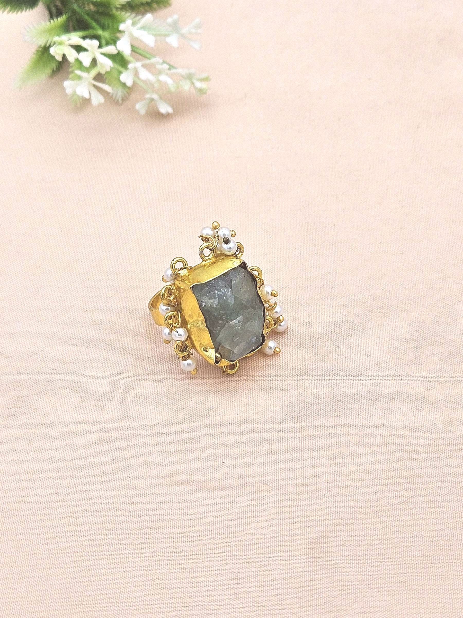Charming Gold plated Rough Green Onyx stone Designer Finger Ring for women