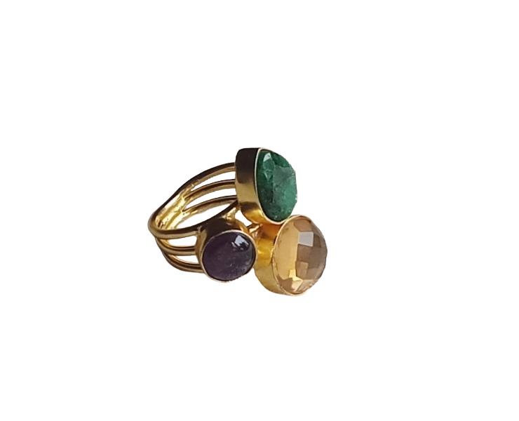 Designer Gold Plated Green Hathipara-Amethyst-Yellow Glass Stone Ring for Women – Handcrafted Statement Jewelry