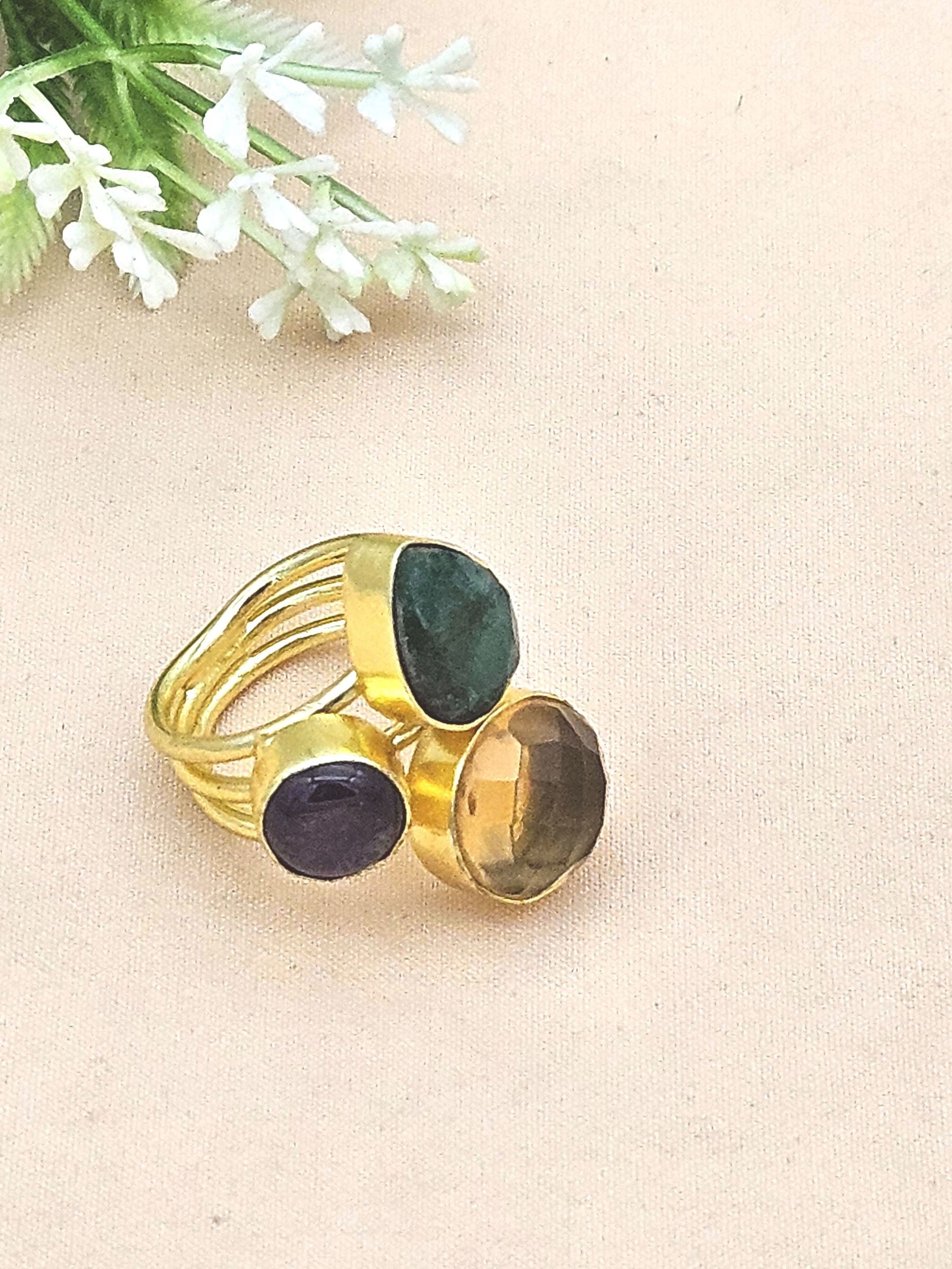 Designer Gold Plated Green Hathipara-Amethyst-Yellow Glass Stone Ring for Women – Handcrafted Statement Jewelry