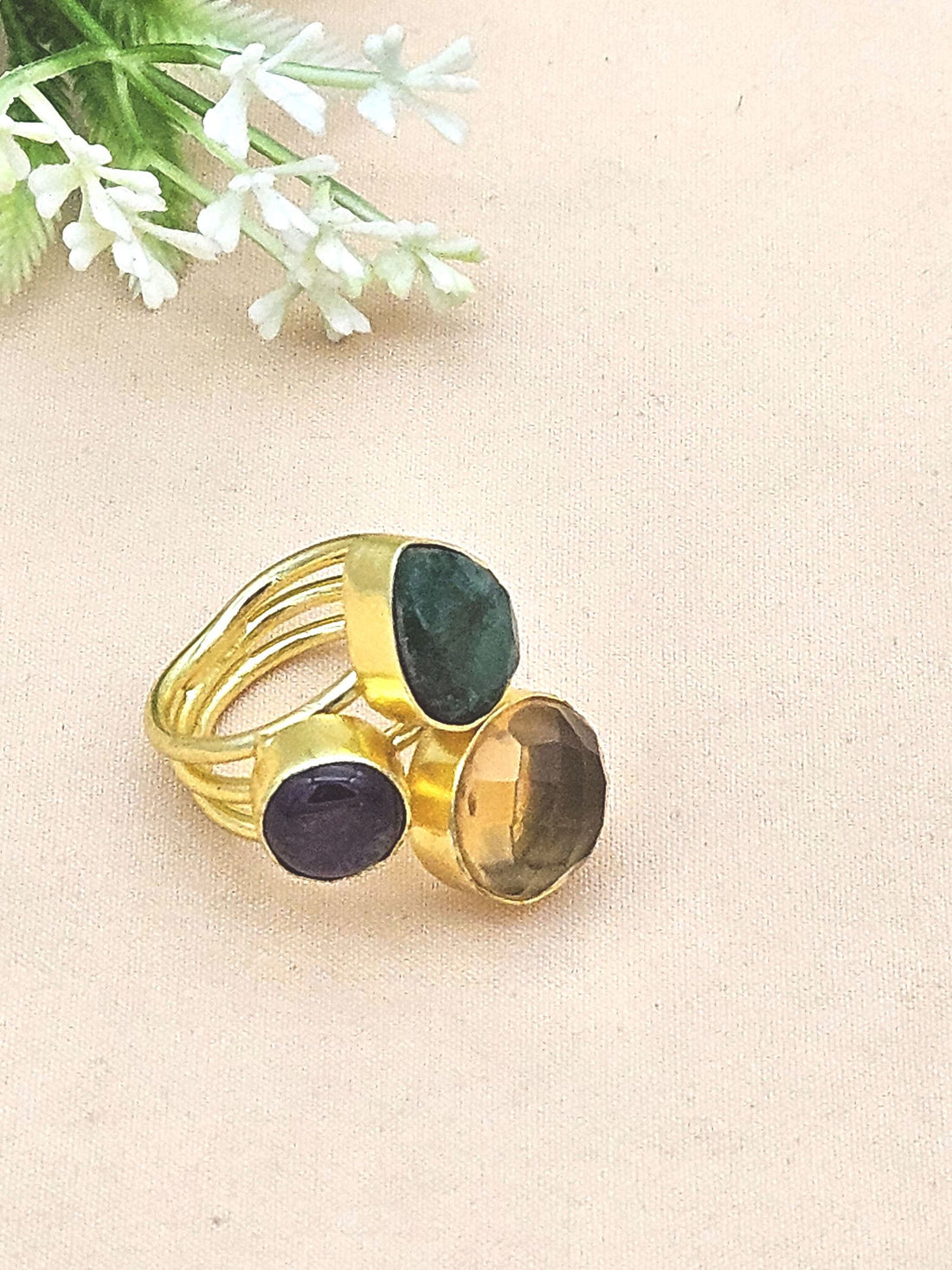 Designer Gold Plated Green Hathipara-Amethyst-Yellow Glass Stone Ring for Women – Handcrafted Statement Jewelry