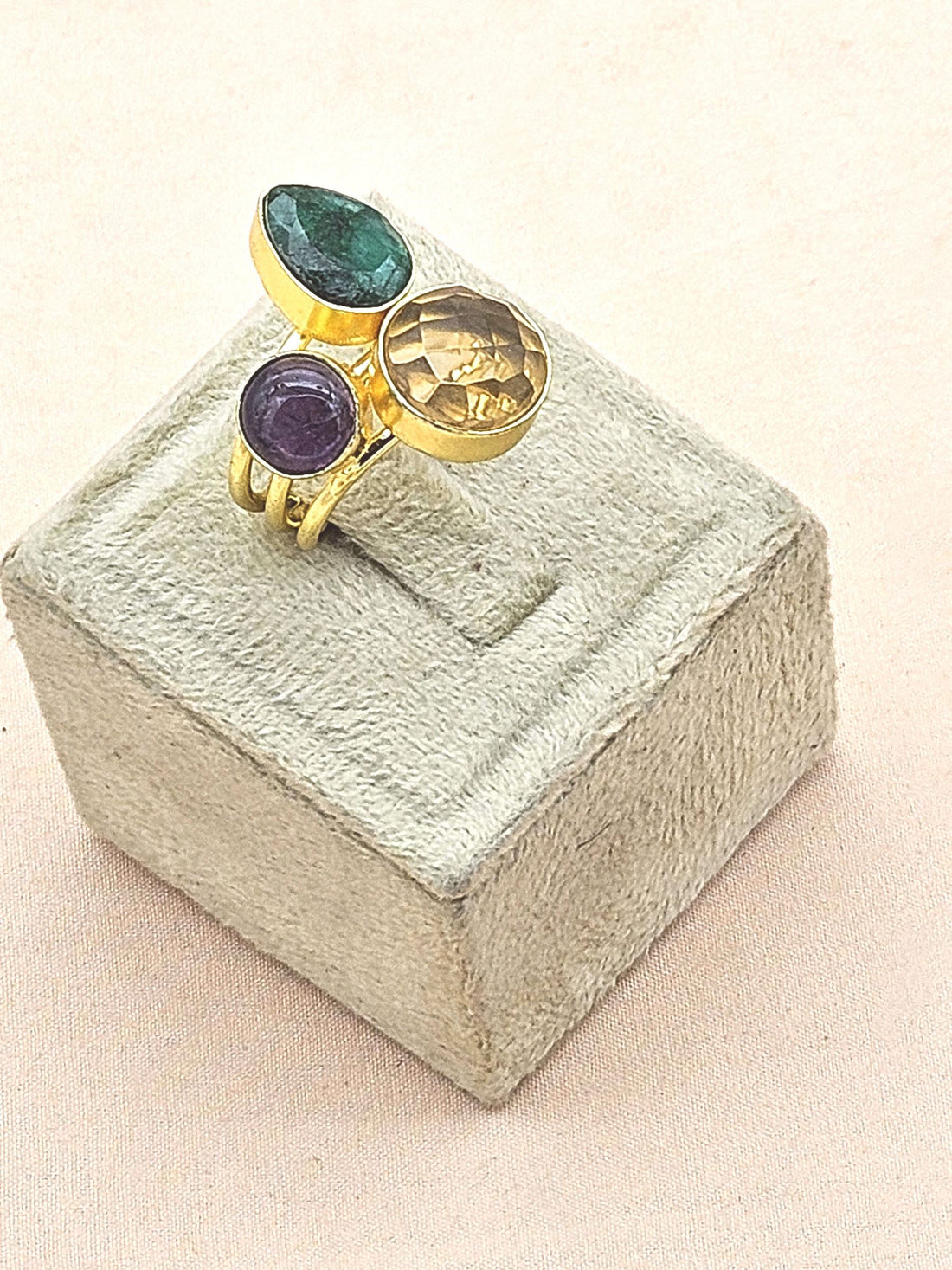 Designer Gold Plated Green Hathipara-Amethyst-Yellow Glass Stone Ring for Women – Handcrafted Statement Jewelry