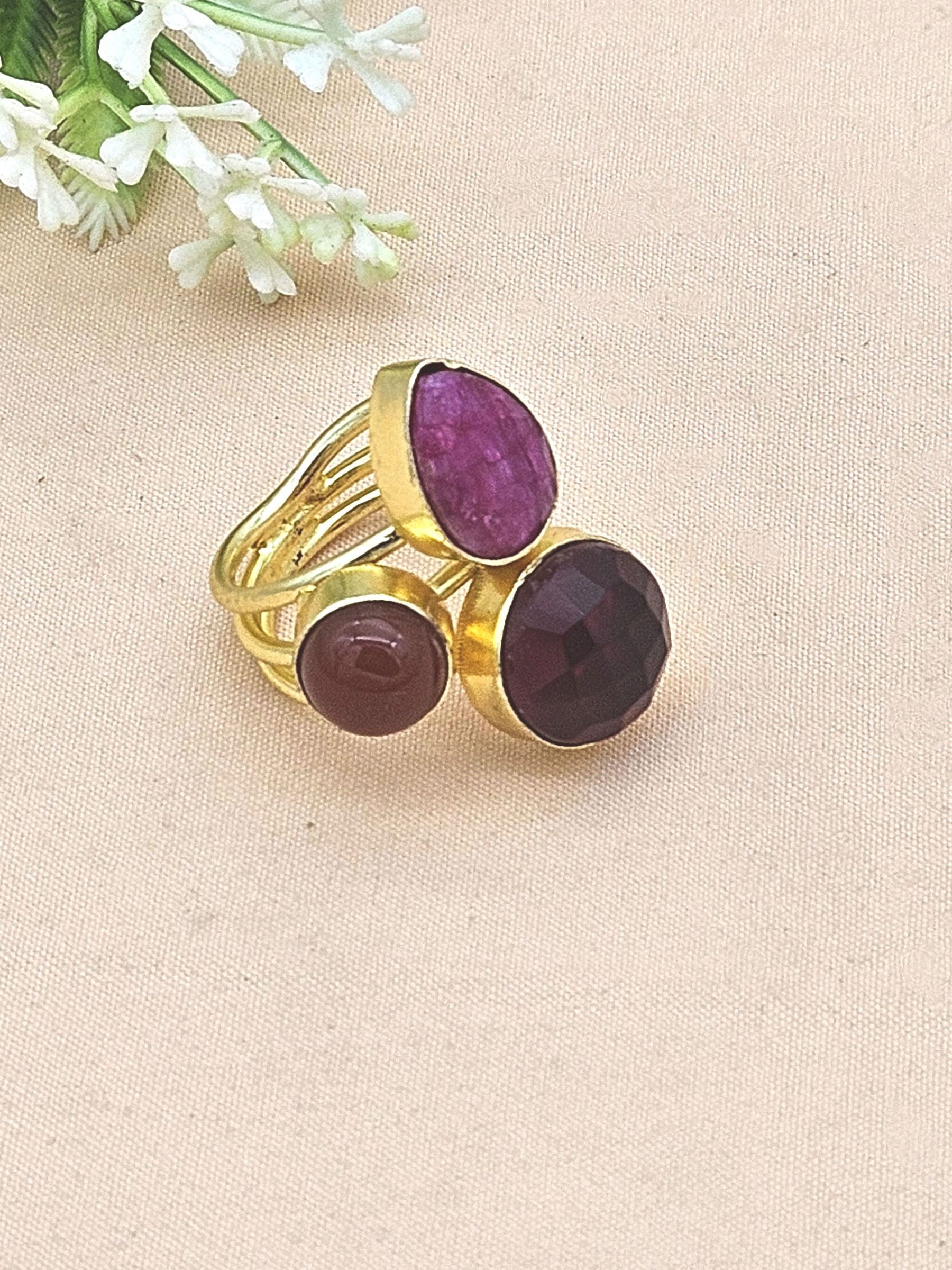 Designer Gold Plated Red Hathipara-Onyx & Glass Stone Ring for Women – Handcrafted Statement Jewelry