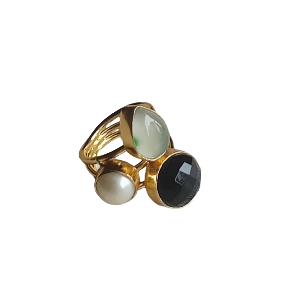 Designer Gold Plated Pearl-Black Onyx -Chalcedony Stone Ring for Women – Handcrafted Statement Jewelry