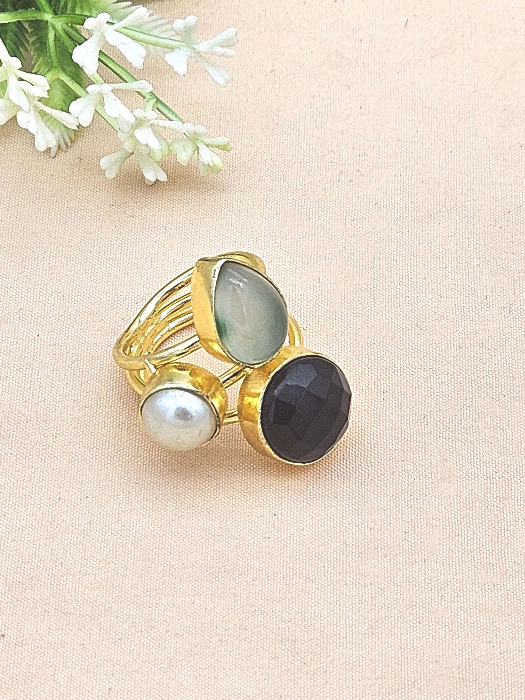 Designer Gold Plated Pearl-Black Onyx -Chalcedony Stone Ring for Women – Handcrafted Statement Jewelry