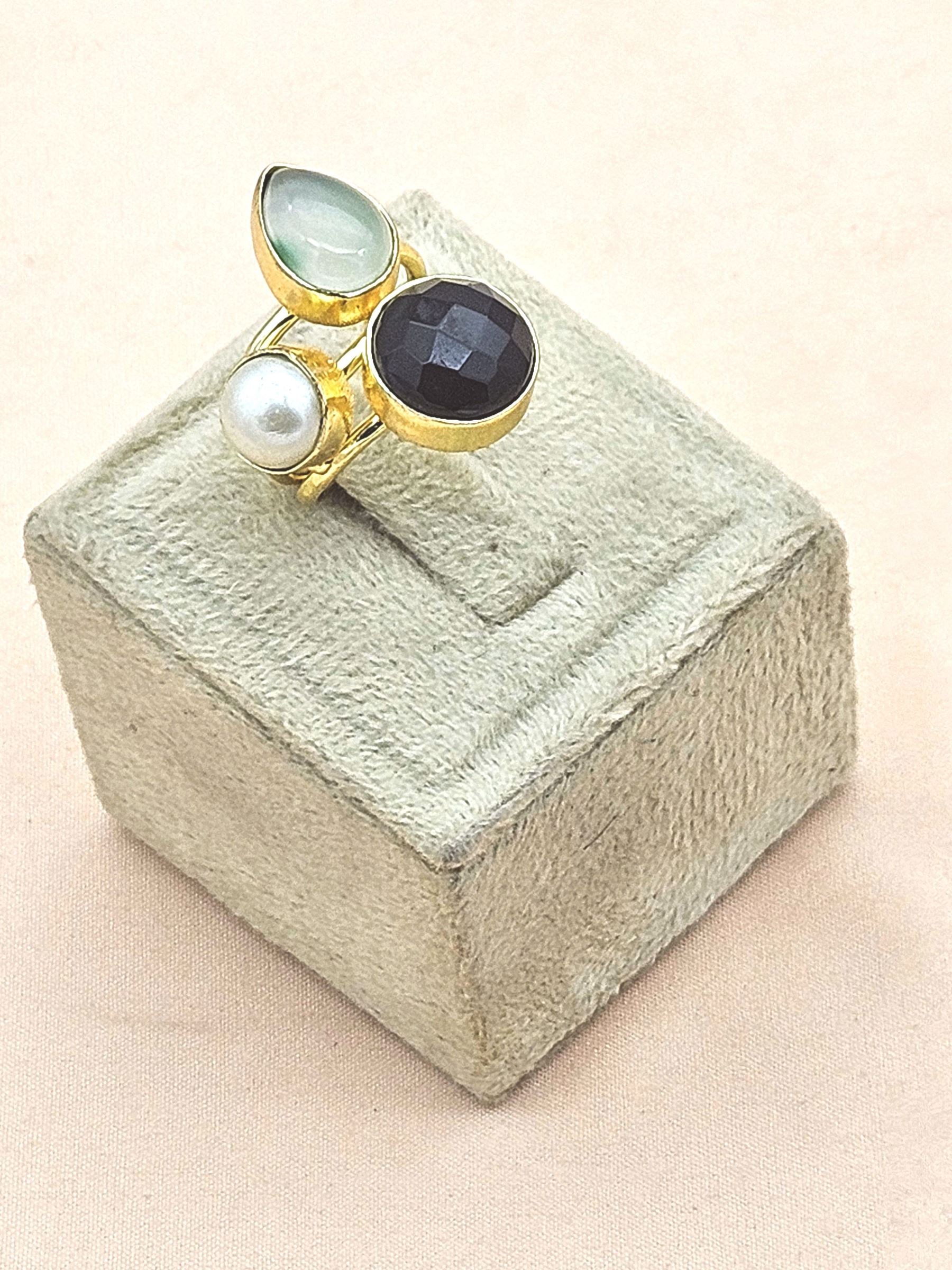 Designer Gold Plated Pearl-Black Onyx -Chalcedony Stone Ring for Women – Handcrafted Statement Jewelry