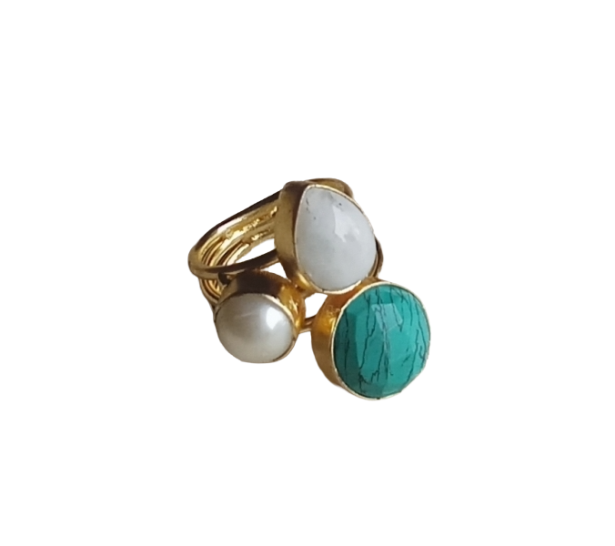 Designer Gold Plated Pearl-Turquoise-White Rainbow Stone Ring for Women – Handcrafted Statement Jewelry