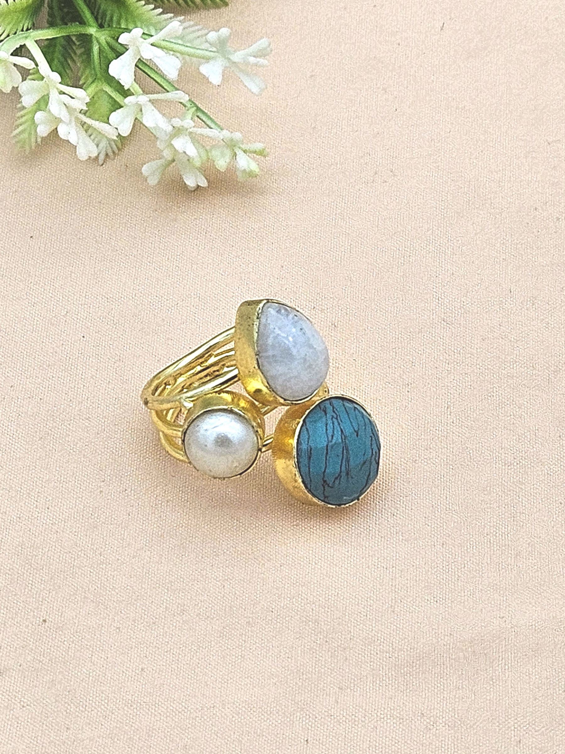 Designer Gold Plated Pearl-Turquoise-White Rainbow Stone Ring for Women – Handcrafted Statement Jewelry