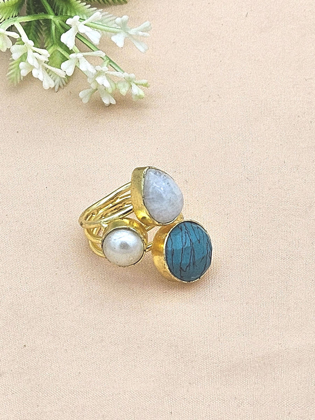 Designer Gold Plated Pearl-Turquoise-White Rainbow Stone Ring for Women – Handcrafted Statement Jewelry