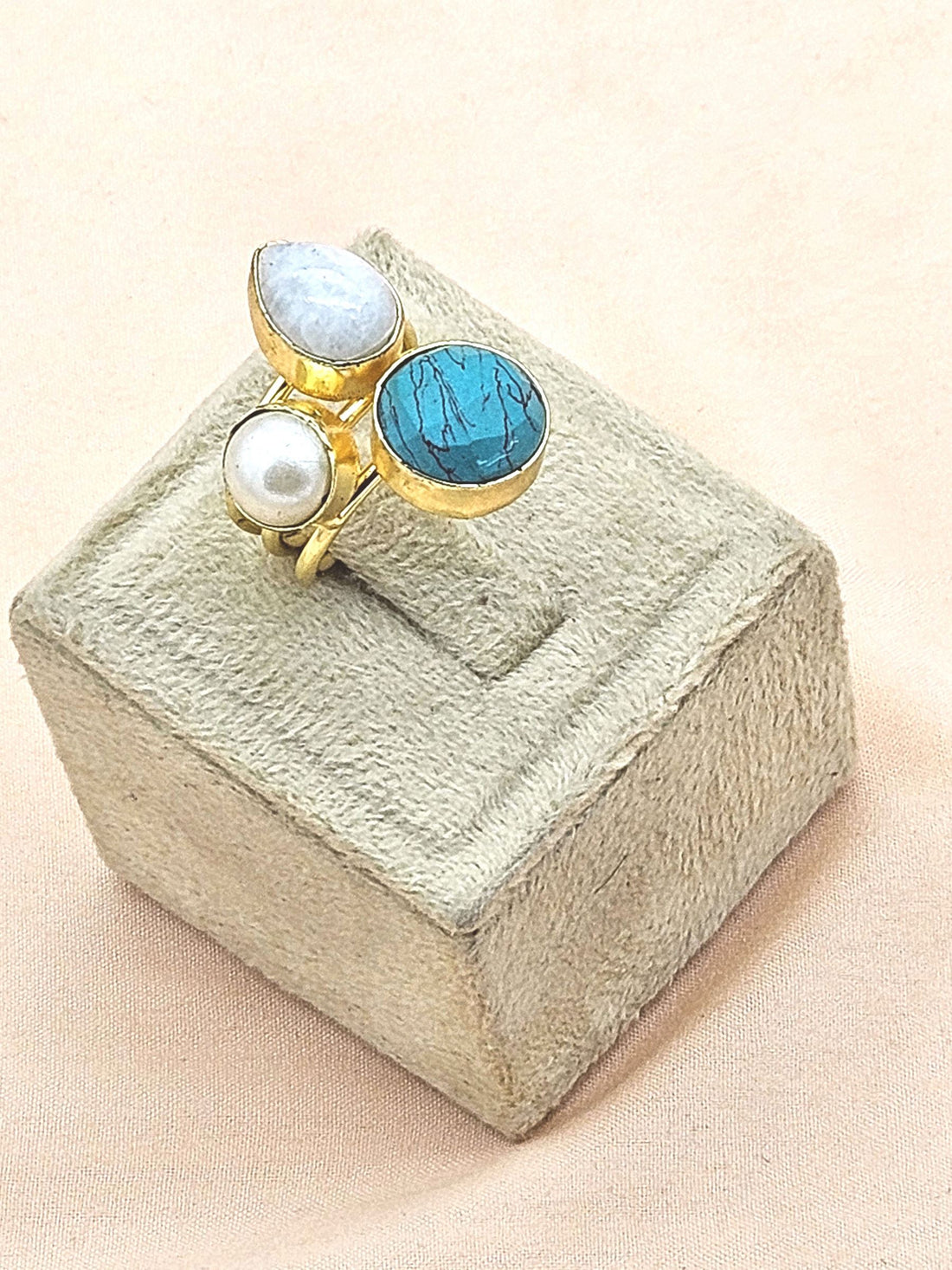 Designer Gold Plated Pearl-Turquoise-White Rainbow Stone Ring for Women – Handcrafted Statement Jewelry