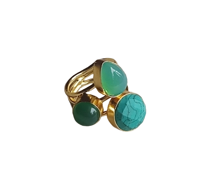 Designer Gold Plated Turquoise-Green Onyx-Chalcedony Stone Ring for Women – Handcrafted Statement Jewelry