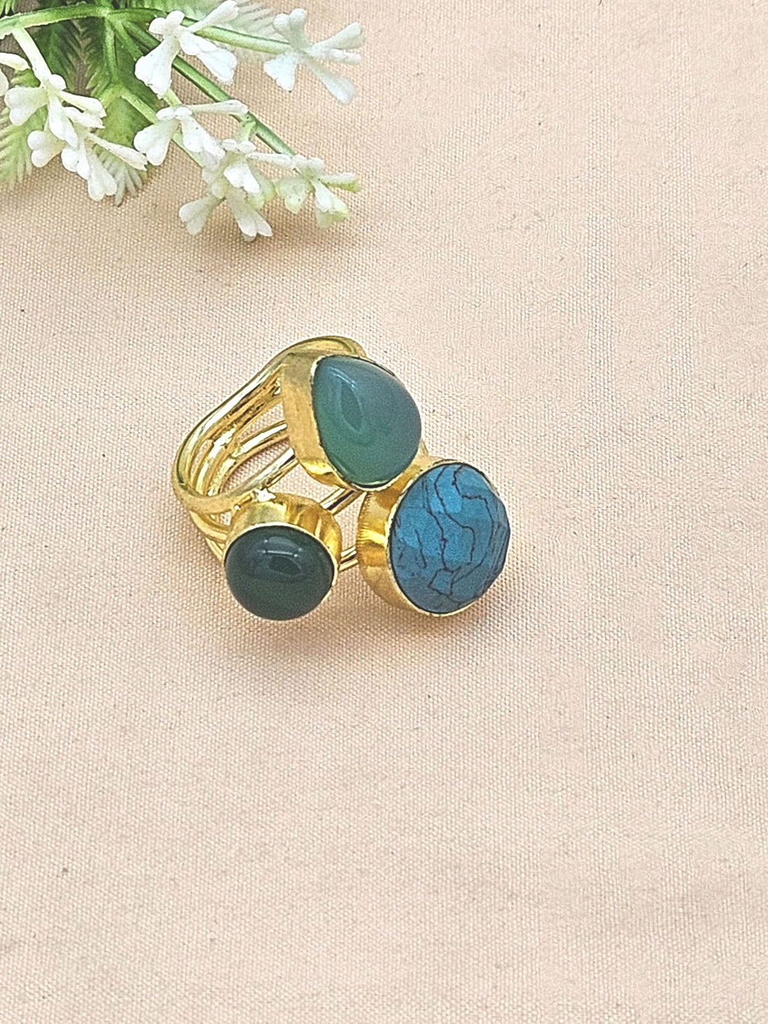 Designer Gold Plated Turquoise-Green Onyx-Chalcedony Stone Ring for Women – Handcrafted Statement Jewelry