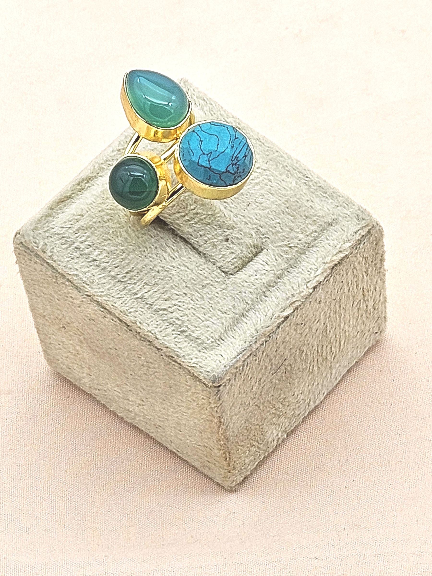 Designer Gold Plated Turquoise-Green Onyx-Chalcedony Stone Ring for Women – Handcrafted Statement Jewelry