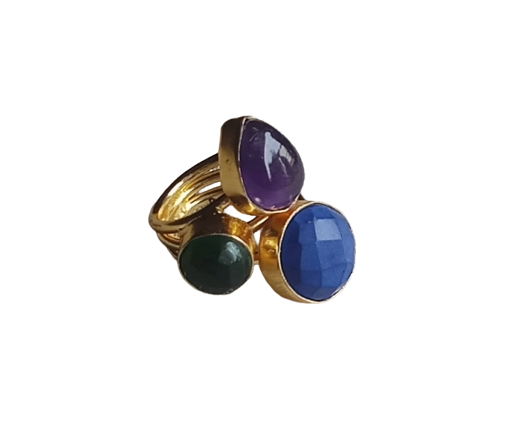 Designer Gold Plated Amethyst-Blue & Green Glass Stone Ring for Women – Handcrafted Statement Jewelry