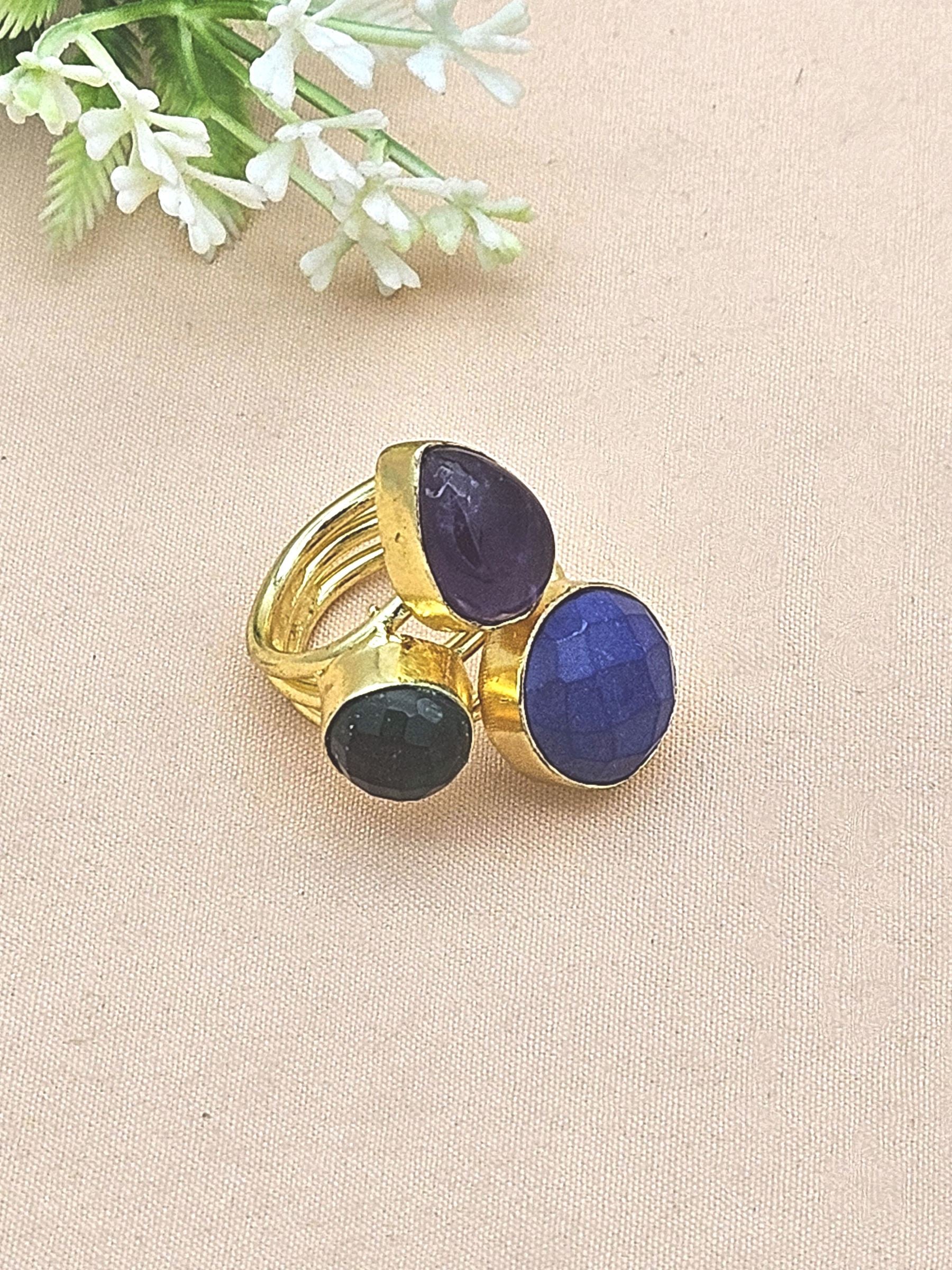 Designer Gold Plated Amethyst-Blue & Green Glass Stone Ring for Women – Handcrafted Statement Jewelry