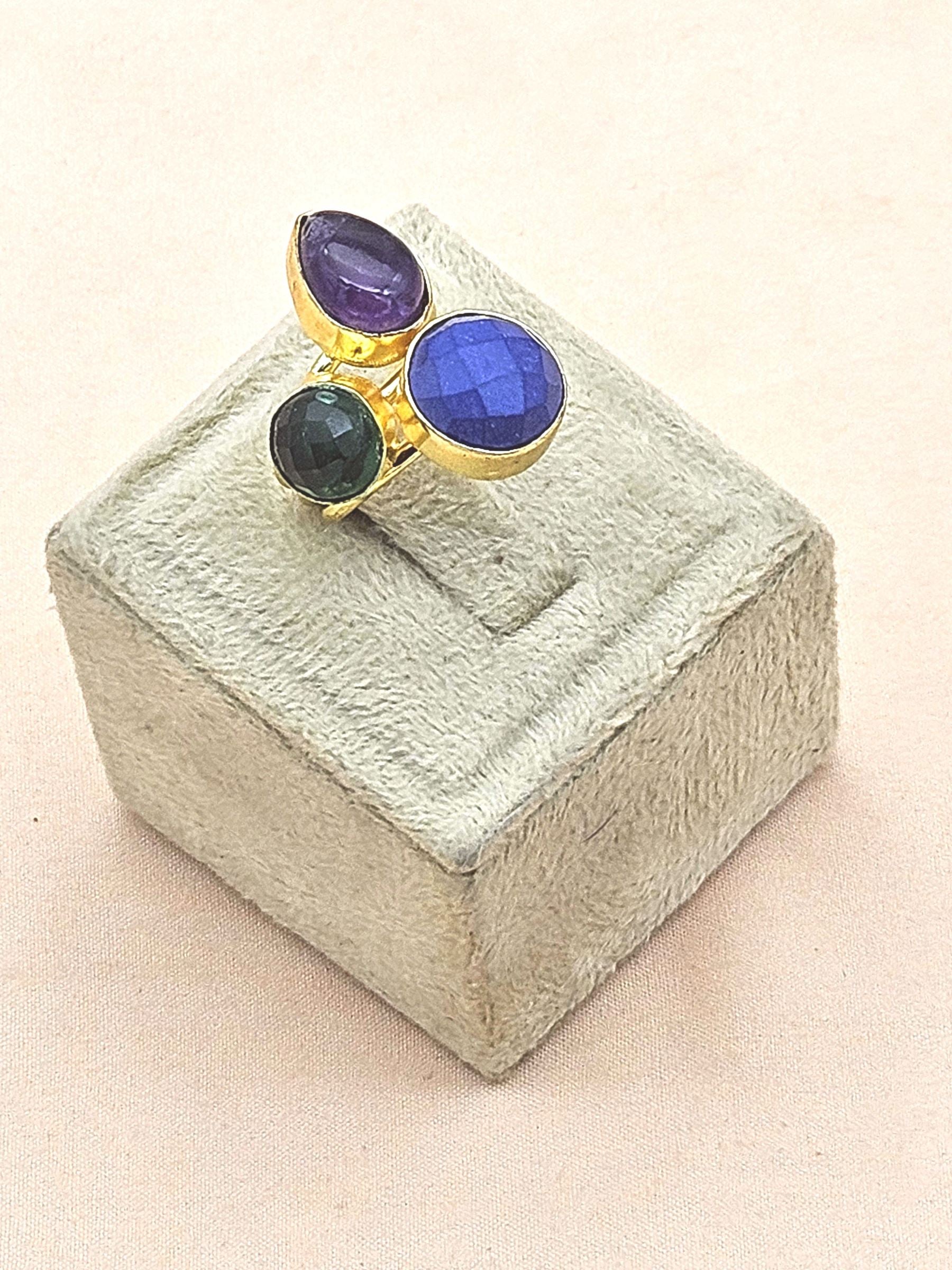 Designer Gold Plated Amethyst-Blue & Green Glass Stone Ring for Women – Handcrafted Statement Jewelry