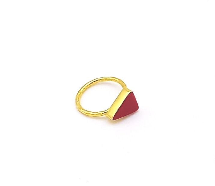 Charming Gold plated Red Glass stone Triangle Designer Light Weight Finger Ring for women