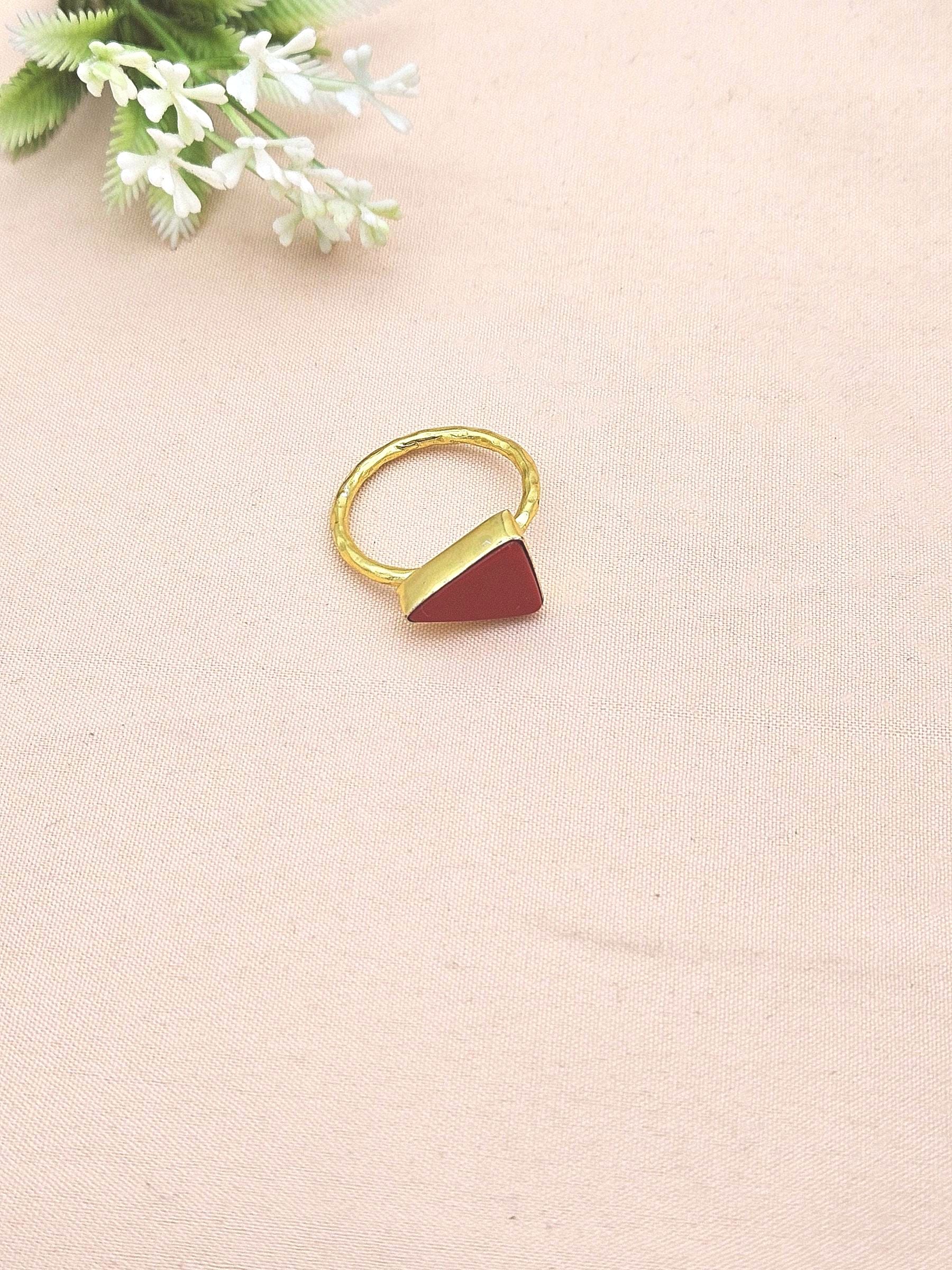 Charming Gold plated Red Glass stone Triangle Designer Light Weight Finger Ring for women