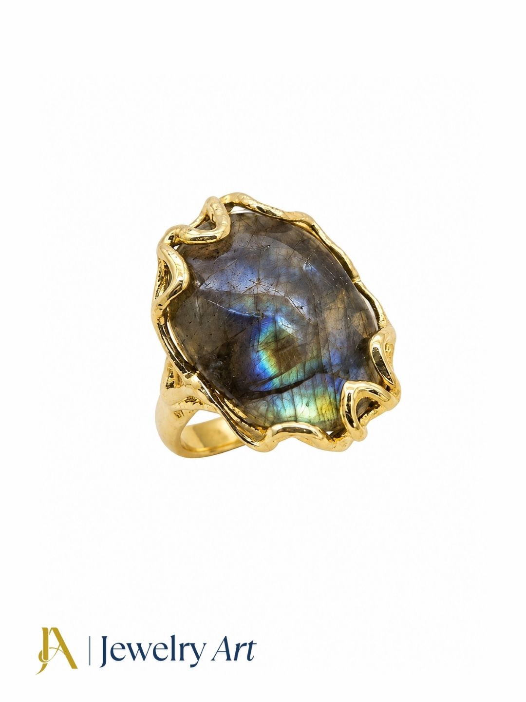 Elegant Labradorite gemstone women's ring with a handcrafted gold plated setting, professionally photographed on a pure white background.
