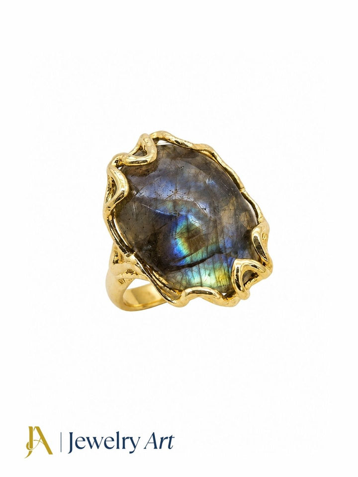 Elegant Labradorite gemstone women's ring with a handcrafted gold plated setting, professionally photographed on a pure white background.
