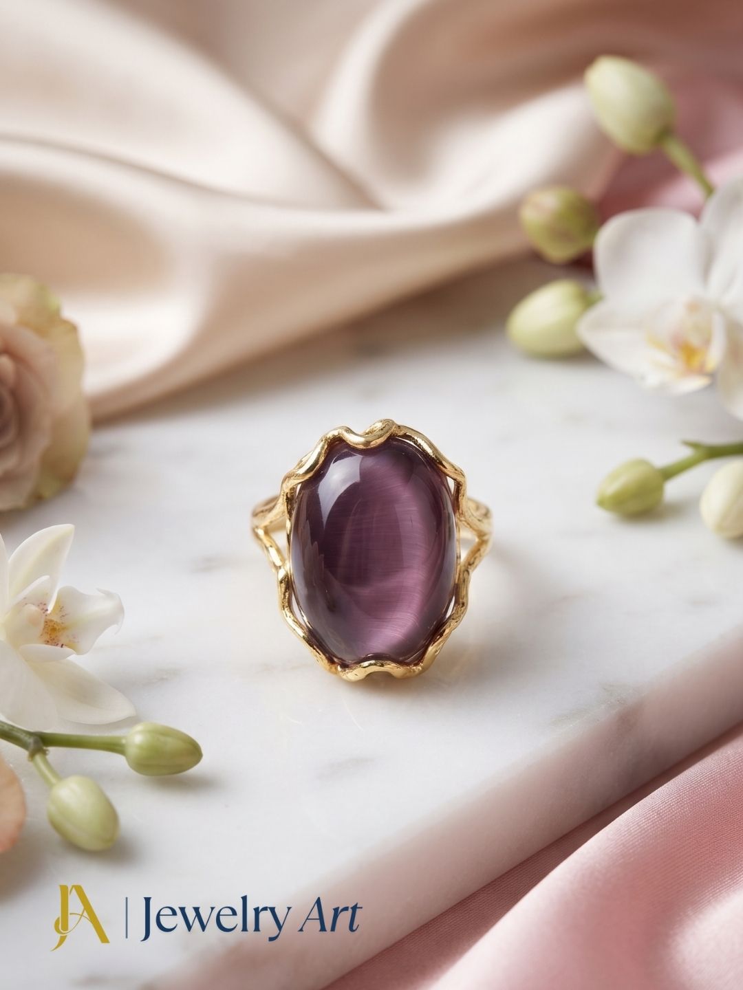 Designer gold plated Amethyst gemstone ring showcased in a sophisticated decorative jewelry display highlighting artisan craftsmanship.
