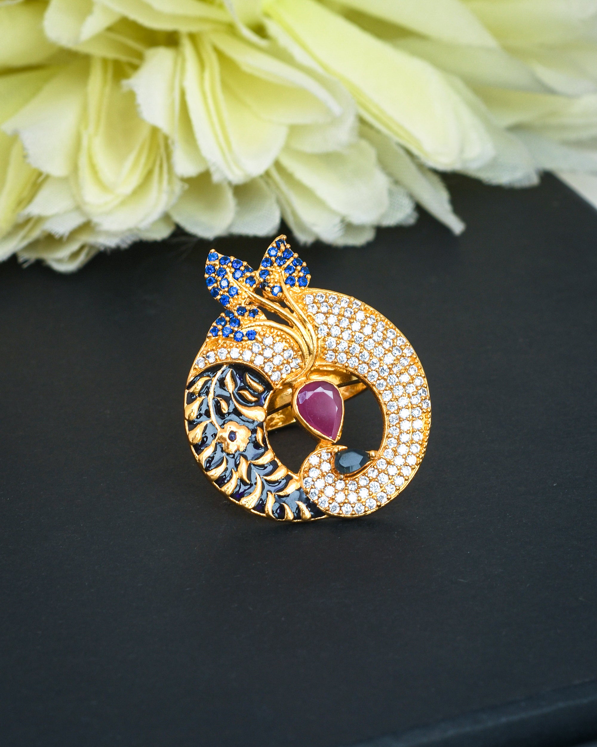 Antique gold peacock finger ring with enamel detailing, a perfect accessory for festivals, parties, and weddings

