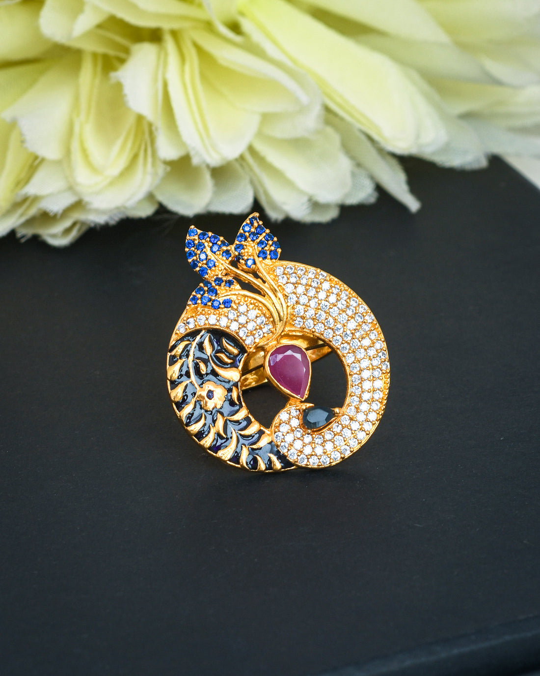 Antique gold peacock finger ring with enamel detailing, a perfect accessory for festivals, parties, and weddings
