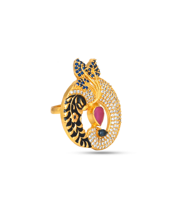 Elegant peacock-themed ring in antique gold with vibrant enamel, crafted for special occasions

