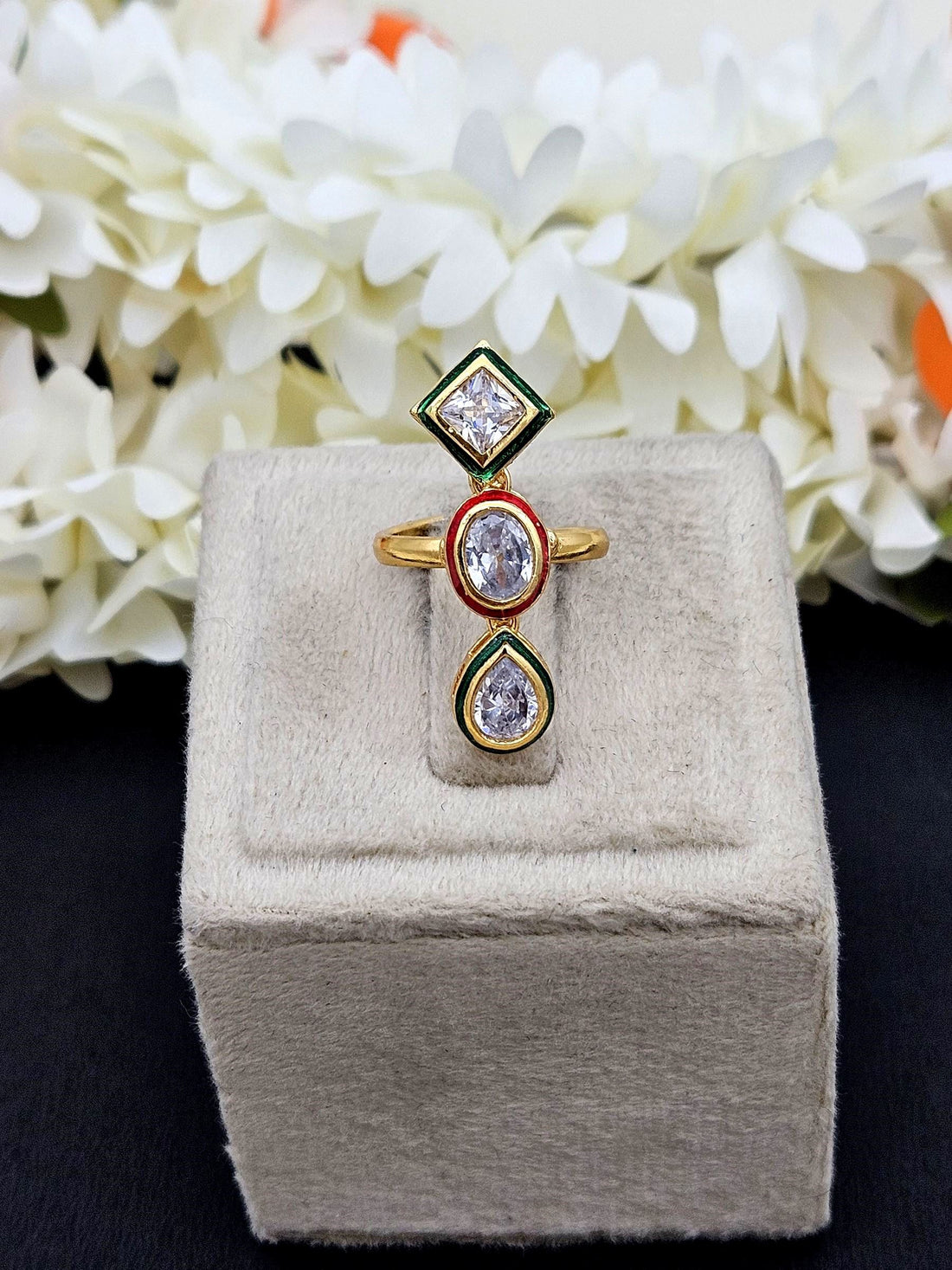 Amazing Antique Gold Cubic Zirconia-Enamel Awesome Designer Finger Ring