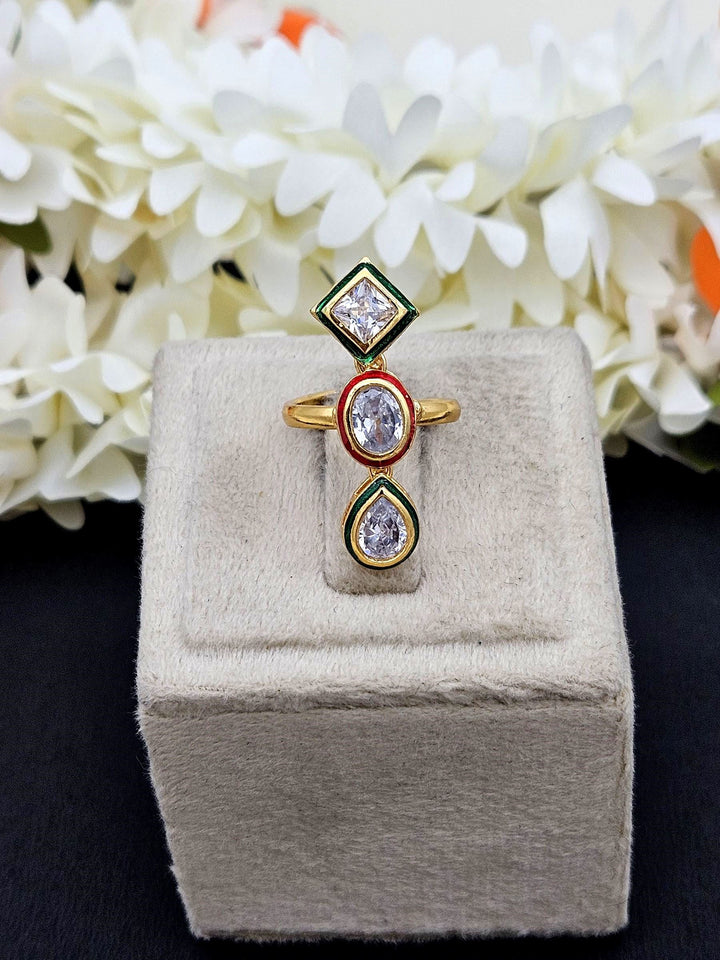 Amazing Antique Gold Cubic Zirconia-Enamel Awesome Designer Finger Ring