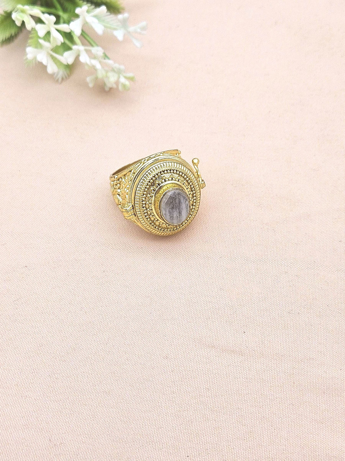 Gorgeous Gold plated White Rainbow Gemstone Openable Box Artistic Designer  Finger Ring for women