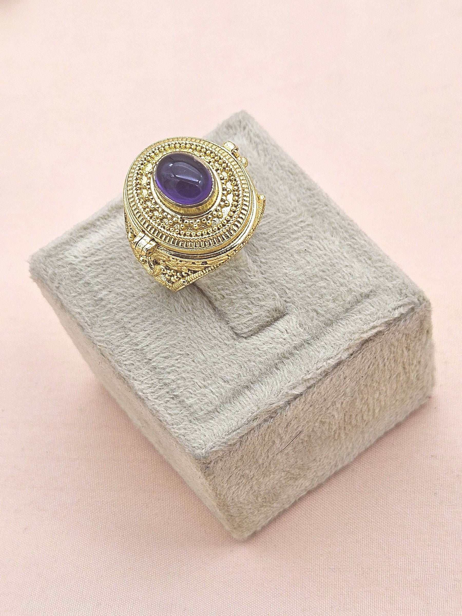 Gorgeous Gold plated Amethyst Gemstone Openable Box Artistic Designer  Finger Ring for women