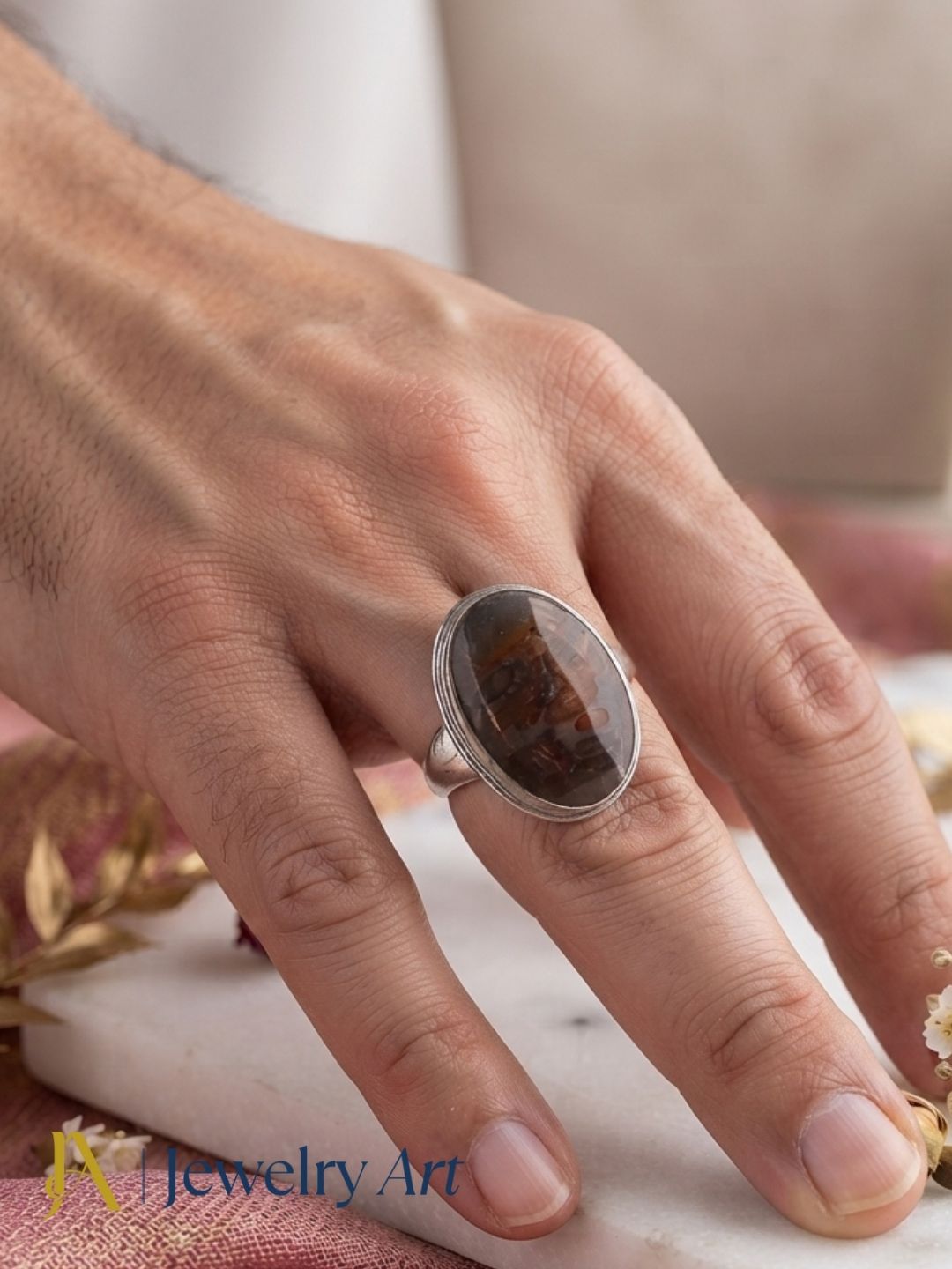 Male model showcasing Picture Jasper gemstone handcrafted ring
