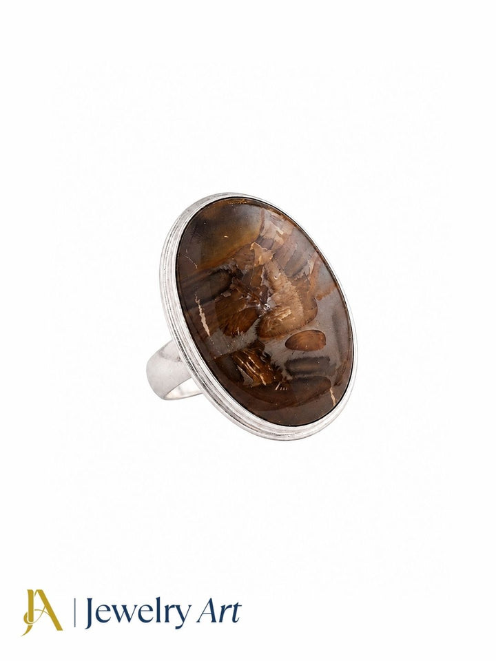Stylish Picture Jasper stone men's ring in silver plated GS on pure white background
