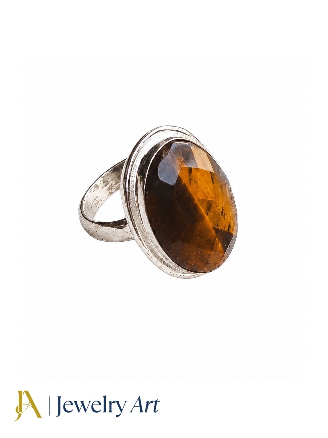 Unique men's Tiger Eye gemstone statement ring in silver plated GS, handmade artisan jewelry isolated on a white background.
